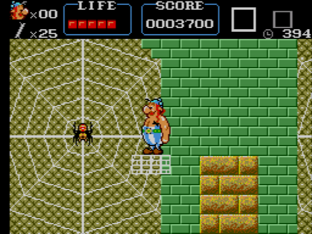 A screenshot of a side-scrolling platformer, showing the hero's friend Obelix standing on a platform on a spiderweb, with the spider enemy in the middle of the screen. The screen has a filter applied to mimic an old TV.