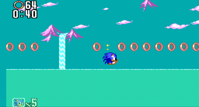 Screenshot of Sonic spinning over a pool of water, with rows of rings floating above the surface.