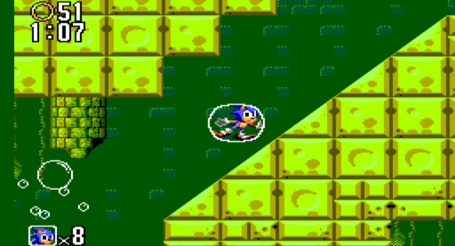 Screenshot of Sonic in a bubble, apparently in some underwater ruins.