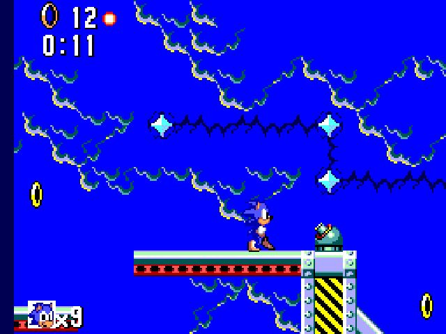 A screenshot of the 8-bit version of Sonic The Hedgehog, showing Sonic running through SKy Base Zone with a gun turret firing into the sky.