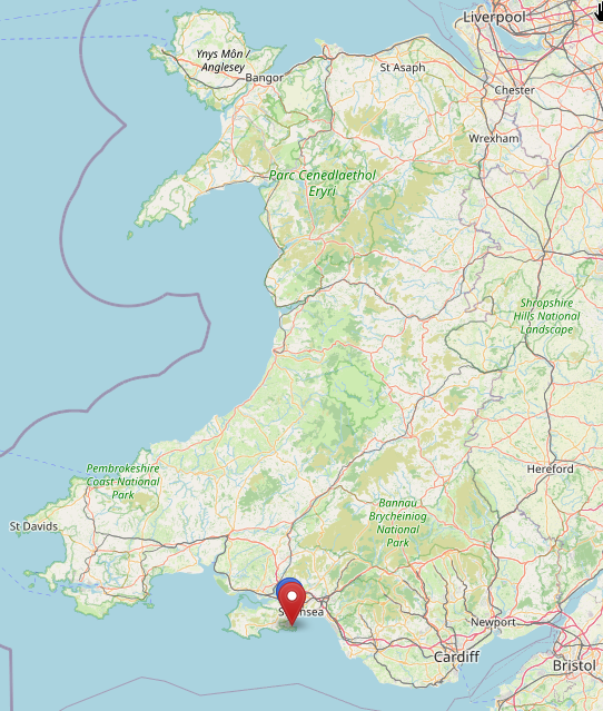 A map of Wales showing Mumbles in the South.
