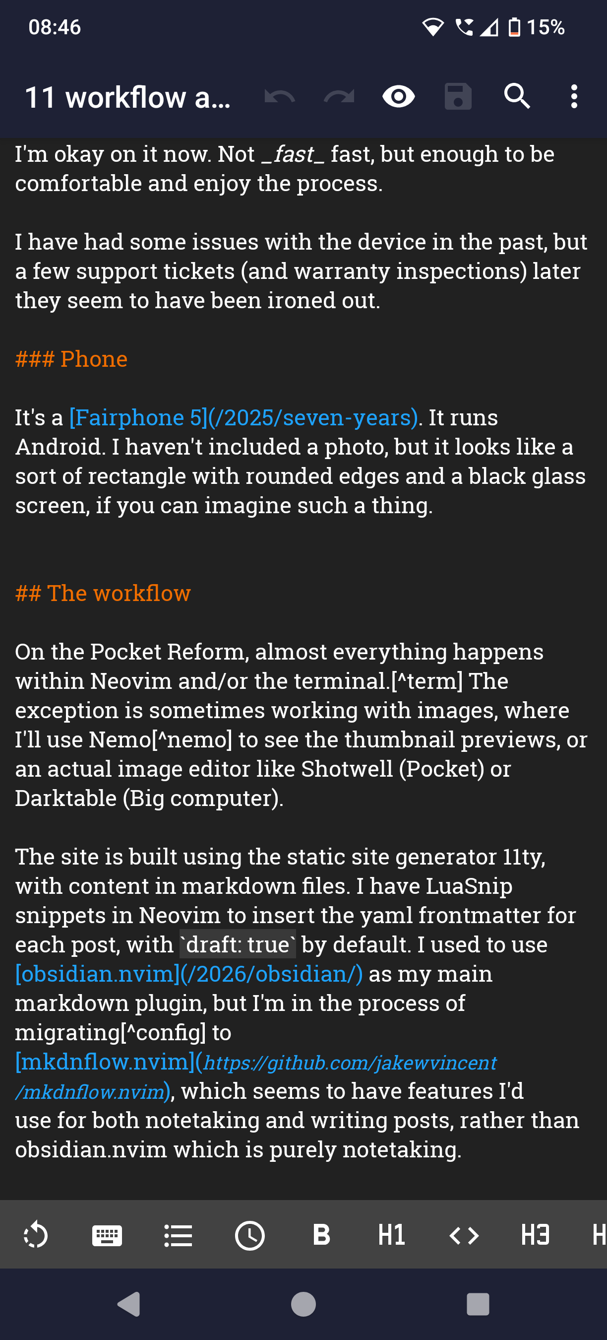 A screenshot of the Markor mobile markdown editor, showing a draft of this post.