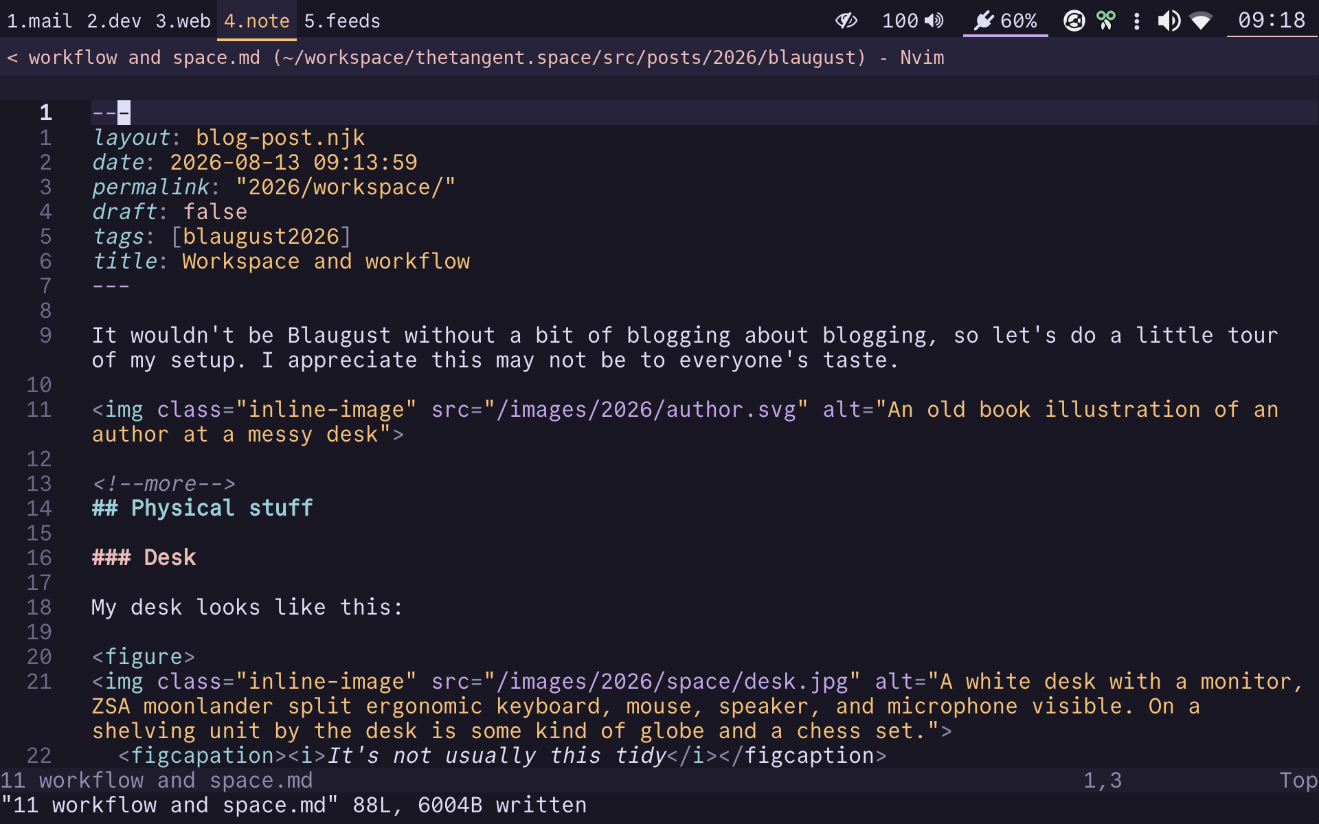 A screenshot of the Neovim text editor, showing a draft of this post.