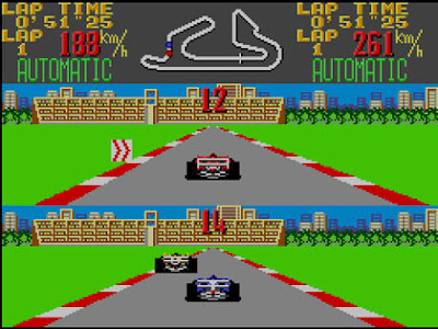 A split-screen screenshot of an 8-bit racing game. The track is solid grey, outside the track is solid green, and there is a map of the track at the centre of the screen.
